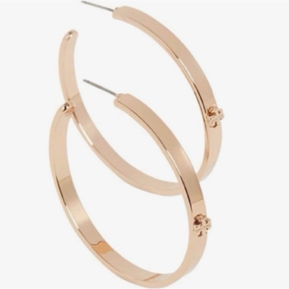 TORY BURCH Rose Gold Kira Logo Hoop Earrings - Picture 3 of 5